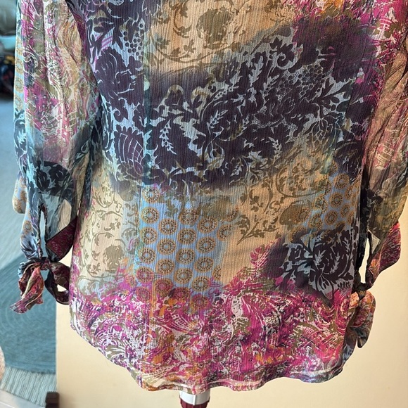 Coldwater Creek  silk blouse sheer sleeves  V-neck/buttons  pink blue sage NWT - Picture 13 of 15